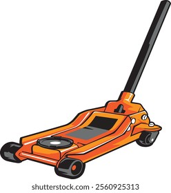 Vibrant vector illustration of an orange floor jack, showcasing robust design and engineering for automotive maintenance enthusiasts