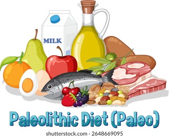 Ilustração vetorial vibrante de alimentos da dieta Paleo, incluindo frutas, legumes e proteínas. Cores brilhantes e composição limpa