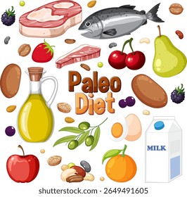 Vibrant vector illustration of paleo diet foods including fruits, vegetables, and proteins. Bright colors and playful composition enhance appeal