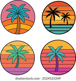 Una vibrante Ilustración vectorial de una palmera silueteada contra una impresionante puesta de sol. El cielo está pintado en tonos cálidos de naranja, rosa y púrpura, creando una atmósfera tranquila que evoca sentimientos 