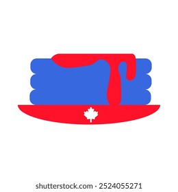 Una vibrante Ilustración vectorial de panqueques con jarabe en colores de la bandera canadiense en un estilo plano de dibujos animados. Celebrando fiestas nacionales como el Día de Canadá, expresando patriotismo