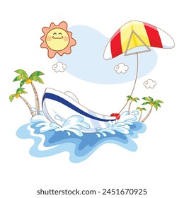 A Vibrant Vector Illustration of a Paragliding Boat on a Beach, Framed by Coconut Trees on a Perfect Summer Day
