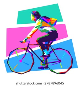 Vibrant vector illustration of a person cycling from side view in WPAP pop art style, featuring colorful geometric shapes of a bicycle rider.