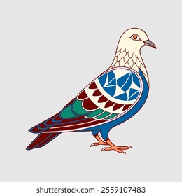 A vibrant vector illustration of a pigeon, showcasing detailed feather patterns in colorful tones, isolated on a white background, perfect for creative designs and projects.