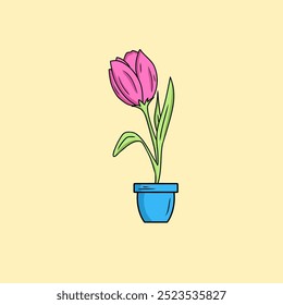 A vibrant vector illustration of a pink tulip in full bloom, planted in a small blue pot. The tulip has delicate petals, standing tall with two green leaves, set against a soft pastel background.