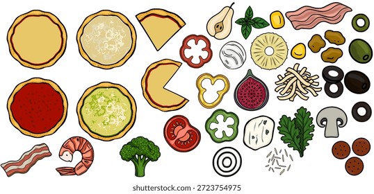 Vibrante Ilustración vectorial de ingredientes y bases de pizza, conjunto de deliciosos ingredientes