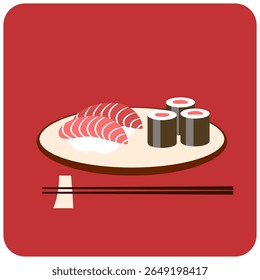 Uma ilustração vetorial vibrante de uma placa de sushi, com rolos de sashimi e maki, acompanhados por pauzinhos