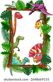 Vibrant vector illustration of playful dinosaurs surrounded by lush jungle leaves, creating a whimsical and engaging composition