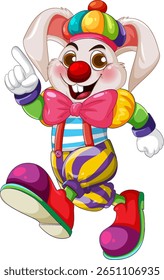 Vibrant vector illustration of a playful rabbit clown with colorful attire, emphasizing cheerful expression and dynamic pose