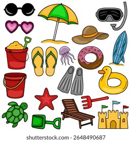 Vibrant vector illustration of a playful summer beach collection, featuring sunglasses, beach umbrella, diving mask, surfboard, beach toys, flip-flops, jellyfish, donut, inflatable ring, turtle, an...