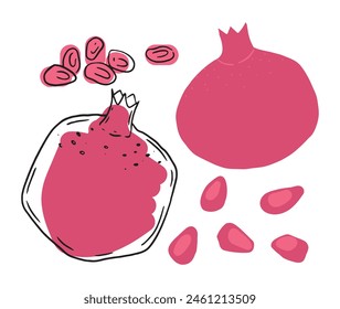 A vibrant vector illustration of a pomegranate, showcasing whole and sliced views with scattered seeds. The hand-drawn, flat design features bold red and pink hues, perfect for creative and culinary