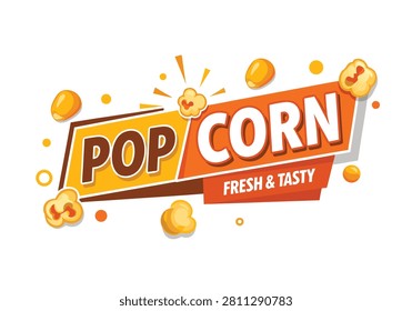 A vibrant vector illustration of a popcorn logo featuring stylized text and scattered popcorn kernels on a white background.