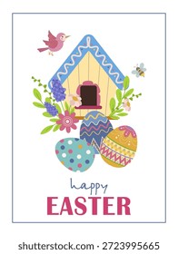 Cartaz de ilustração de vetor vibrante com uma casa de passarinho decorativa cercada por ovos de Páscoa coloridos, flores e um pássaro. Perfeito para projetos sazonais ou projetos temáticos de férias.