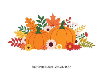 Ilustração vetorial vibrante de abóboras cercadas por folhas e flores coloridas de outono, perfeito para desenhos sazonais e temas de ação de graças.