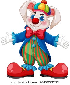 A vibrant vector illustration of a rabbit dressed as a clown with colorful attire and playful expression