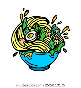 A vibrant vector illustration of a ramen bowl with noodles, eggs, mushrooms, and spinach, splashing with dynamic energy and color