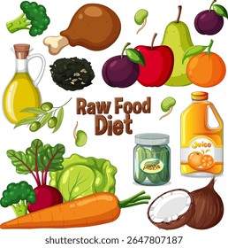 Vibrant vector illustration of raw food items, including fruits, vegetables, and oils. Bright colors and clean composition enhance visual appeal