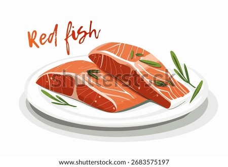 A vibrant vector illustration of red fish fillets on a white plate. The dish is garnished with fresh herbs, a delicious seafood option perfect for any meal cartoon illustration on white background