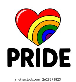 Vibrant vector illustration of a red heart incorporating a rainbow arc, accompanied by the bold word PRIDE, ideal for LGBTQ+ themed designs.