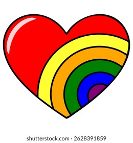 Vibrant vector illustration of a red heart incorporating a rainbow arc design, showcasing bold colors and a playful, celebratory style.