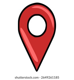 Eine lebendige Vektorgrafik einer roten Positionsnadel mit einem kräftigen schwarzen Umriss und einem weißen Mittelkreis, im Cartoon-Stil entworfen, perfekt für Karten, Navigations-Apps und reisebezogene Projekte.