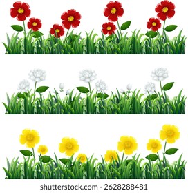 Vibrant vector illustration of red, white, and yellow flowers amidst lush green grass. Bright colors and clean composition enhance visual appeal