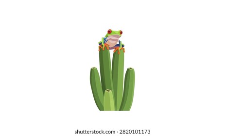 A vibrant vector illustration of a red-eyed tree frog perched atop green plant stalks. The frog features its characteristic bright green skin, large red eyes, and orange webbed feet. The minimalist design is set against a clean white background, highlighting the tropical amphibian's striking colors and unique anatomy.