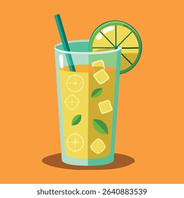 A vibrant vector illustration of a refreshing cold drink served with ice cubes, an orange slice, and fresh mint leaves, perfect for summer and beverage-themed designs.