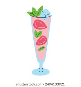 Vibrant vector illustration of a refreshing strawberry mocktail with ice cubes and mint garnish in a tall glass. Trendy summer drink for parties, tropical lemonade. Flat cartoon style