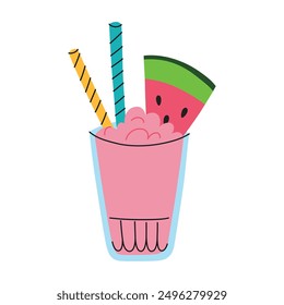 Vibrant vector illustration of refreshing watermelon smoothie or smash, refreshing summer drink with watermelon slice in a glass with straws. Trendy dessert or beverage for parties. Flat cartoon style