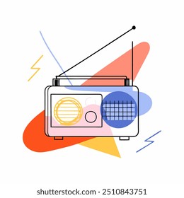 A vibrant vector illustration of a retro radio with dynamic, abstract shapes in the background. The use of bright colors and bold lines makes it perfect for modern designs that seek to capture a