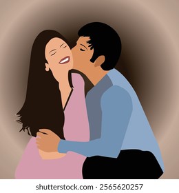 A vibrant vector illustration of a romantic kissing couple designed for Valentine's Day. The artwork features a man and woman leaning toward each other, their lips meeting in a sweet, tender kiss