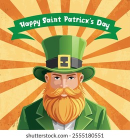 A vibrant vector illustration of Saint Patrick with a banner and colorful burst background with texture.



