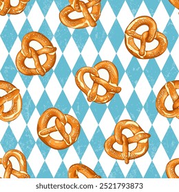 A vibrant vector illustration with salted pretzels scattered on a classic blue and white Bavarian background. Ideal for use in culinary, bakery, and Oktoberfest-themed designs.