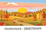 Vibrant vector illustration of a scenic autumn landscape featuring rolling hills with colorful trees and a winding dirt road path