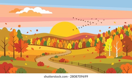 Vibrant vector illustration of a scenic autumn landscape featuring rolling hills with colorful trees and a winding dirt road path