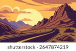 Vibrant vector illustration of a scenic desert road winding through majestic mountains at sunset or sunrise, featuring a large sun and warm sky.