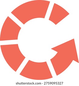 A vibrant vector illustration of a segmented red circular arrow suggesting a process cycle or refresh action similar to a loading indicator or a pie chart. The distinct segments within the circular path provide a visual representation of progression or stages. This versatile graphic is excellent for conveying concepts of development rotation data analysis or continuous improvement in various digital and print media.