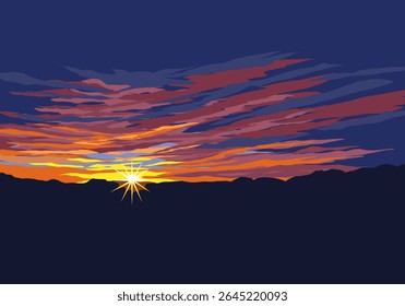 Uma ilustração vetorial vibrante de um céu crepúsculo sereno do pôr do sol com detalhes de nuvens quentes e suaves