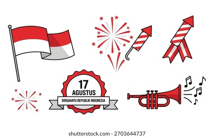 Un vibrante conjunto de Ilustraciones vectoriales que celebra el Día de la Independencia de Indonesia, con símbolos icónicos y Elementos festivos.