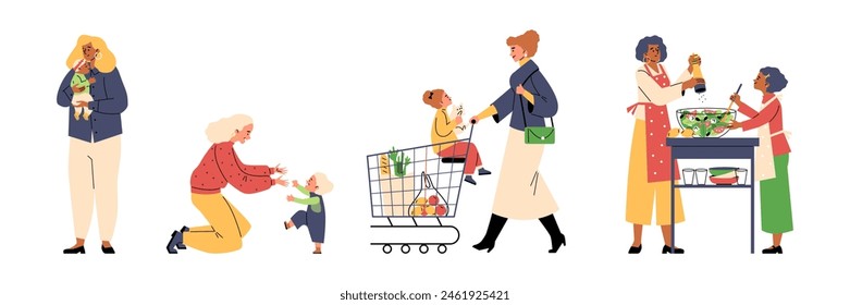 A vibrant vector illustration set depicting tender moments between mothers and daughters during daily activities like shopping and cooking.