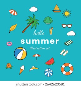 A vibrant vector illustration set featuring summer themed elements like beach balls, umbrellas, and tropical icons perfect for vacation designs.