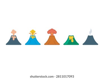 A vibrant vector illustration set featuring five stylized volcanoes, each showcasing unique eruption styles and colors—from fiery lava bursts to smoky craters and explosive blasts. Perfect for geology projects, educational materials, natural disaster graphics, and creative design assets. #VolcanoIcons #VectorIllustration #EruptionDesign #LavaFlow #GeologyGraphics #NatureSymbols #DisasterArt #EducationalVectors #CreativeDesign #MinimalIcons #ColorfulGraphics
