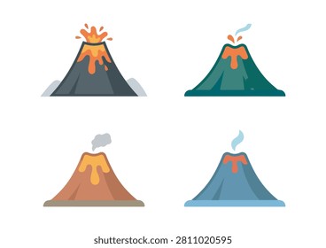 A vibrant vector illustration set featuring four stylized volcanoes, each showcasing different volcanic states—from explosive eruptions with lava bursts to dormant peaks with smoke plumes. Perfect for geology projects, educational materials, natural disaster graphics, and creative design assets. #VolcanoIcons #VectorIllustration #EruptionDesign #LavaFlow #GeologyGraphics #NatureSymbols #DisasterArt #EducationalVectors #CreativeDesign #MinimalIcons #ColorfulGraphics