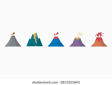A vibrant vector illustration set featuring five stylized volcanoes, each showcasing different volcanic states—from small lava flows to explosive eruptions with ash and smoke. Perfect for geology projects, educational materials, natural disaster graphics, and creative design assets. #VolcanoIcons #VectorIllustration #EruptionDesign #LavaFlow #GeologyGraphics #NatureSymbols #DisasterArt #EducationalVectors #CreativeDesign #MinimalIcons #ColorfulGraphics