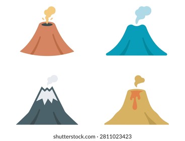 A vibrant vector illustration set featuring four stylized volcanoes, each showcasing different volcanic states—from explosive eruptions with lava bursts to dormant peaks with smoke plumes. Perfect for geology projects, educational materials, natural disaster graphics, and creative design assets. #VolcanoIcons #VectorIllustration #EruptionDesign #LavaFlow #GeologyGraphics #NatureSymbols #DisasterArt #EducationalVectors #CreativeDesign #MinimalIcons #ColorfulGraphics