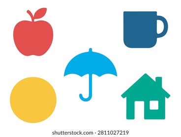 A vibrant vector illustration set featuring five stylized household icons, including a red apple, a dark blue cup, a yellow circle, a light blue umbrella, and a green house. Perfect for lifestyle graphics, educational materials, interior design projects, and creative design assets. #HouseholdIcons #VectorIllustration #AppleArt #CupDesign #UmbrellaGraphics #HouseSymbols #LifestyleIcons #CreativeDesign #MinimalIcons #ColorfulGraphics