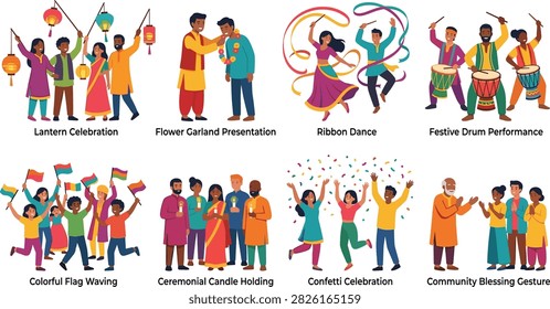 A vibrant vector illustration set featuring people participating in traditional cultural festival activities including lantern celebrations, ribbon dancing, drumming, flag waving, candle ceremonies, and community gatherings. Perfect for educational materials, event promotions, cultural awareness campaigns, websites, and infographic designs.