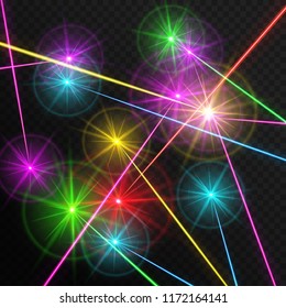 Vibrant vector illustration with set of multi-colored laser beams on a transparent background