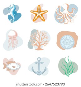 A vibrant vector illustration set of sea animals, showcasing diverse marine life with colorful and intricate details for ocean-themed designs

